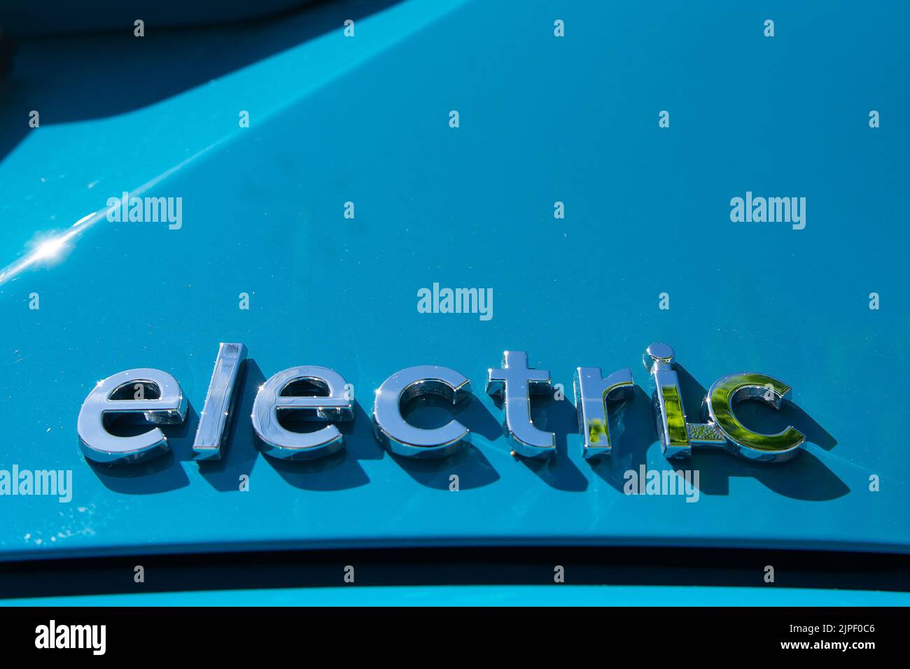 Bucharest, Romania May 20, 2020 A blue Hyundai KONA Electric car