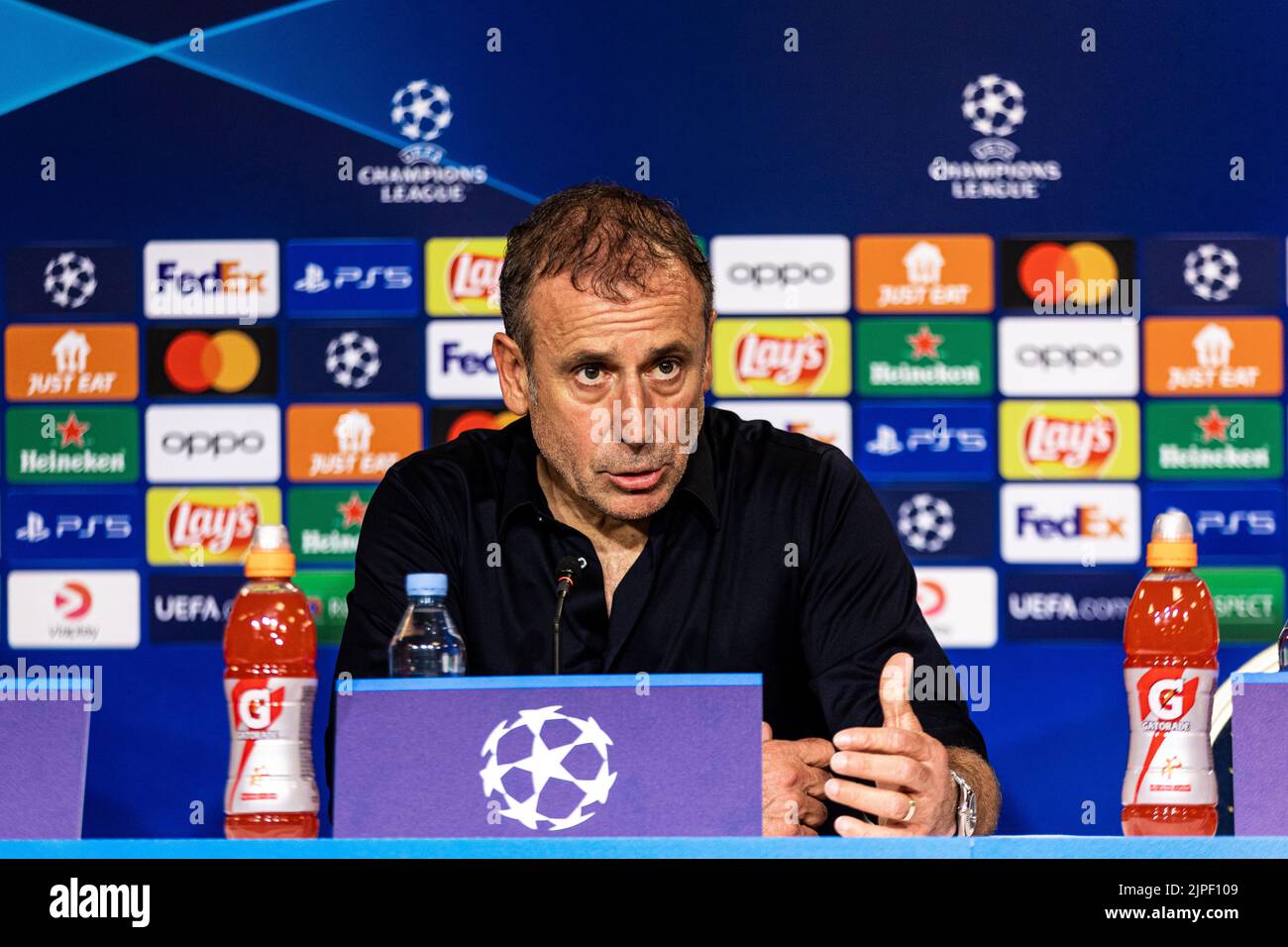Copenhagen, Denmark. 16th, August 2022. Head coach Abdullah Avci of Trabzonspor seen at the press meeting after the UEFA Champions League qualification match between FC Copenhagen and Trabzonspor at Parken in Copenhagen. (Photo credit: Gonzales Photo - Dejan Obretkovic). Stock Photo