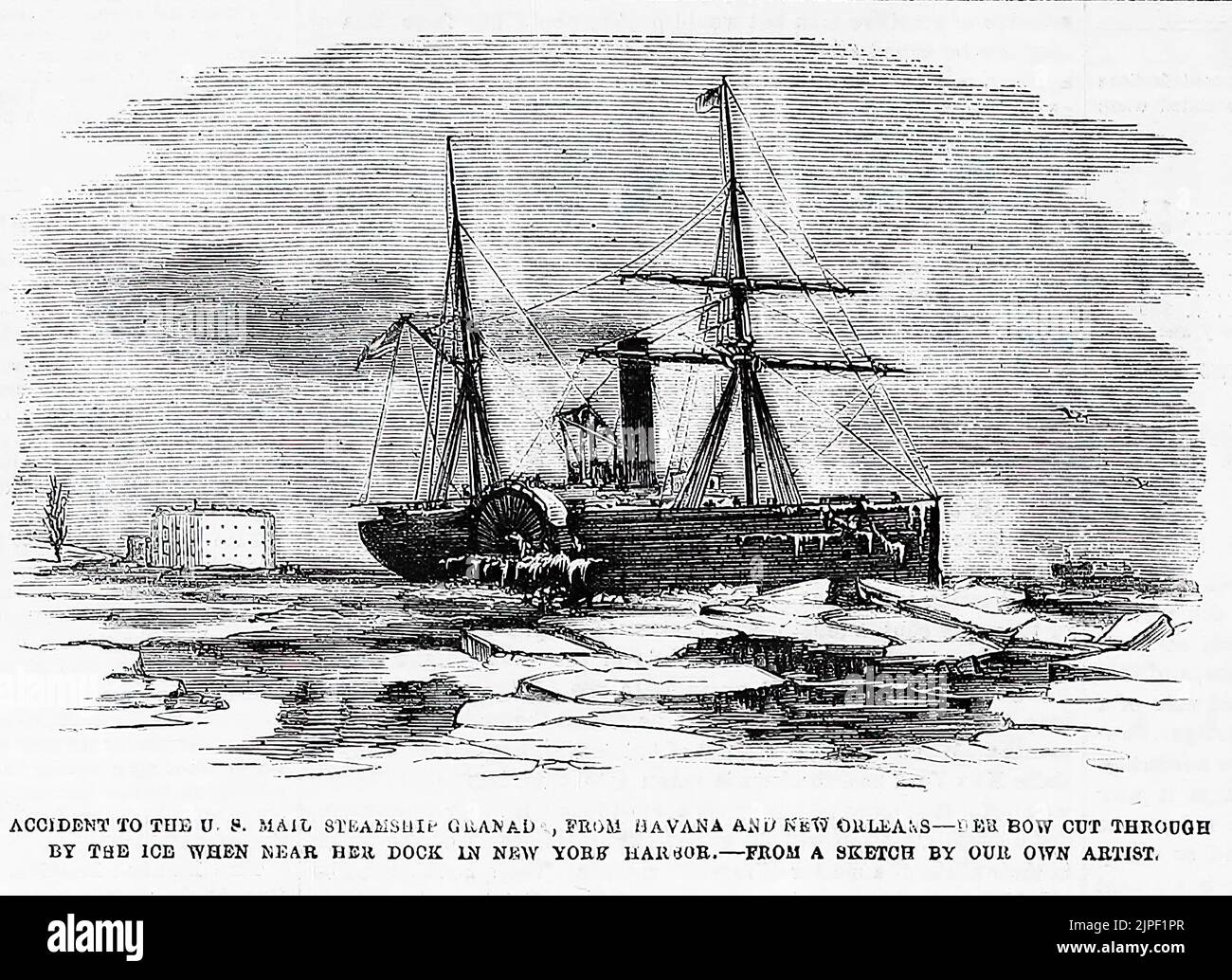 Accident to the U. S. Mail Steamship Granada, from Havana and New Orleans - Her bow cut through by the ice when near her dock in New York Harbor (1860). 19th century illustration from Frank Leslie's Illustrated Newspaper Stock Photo