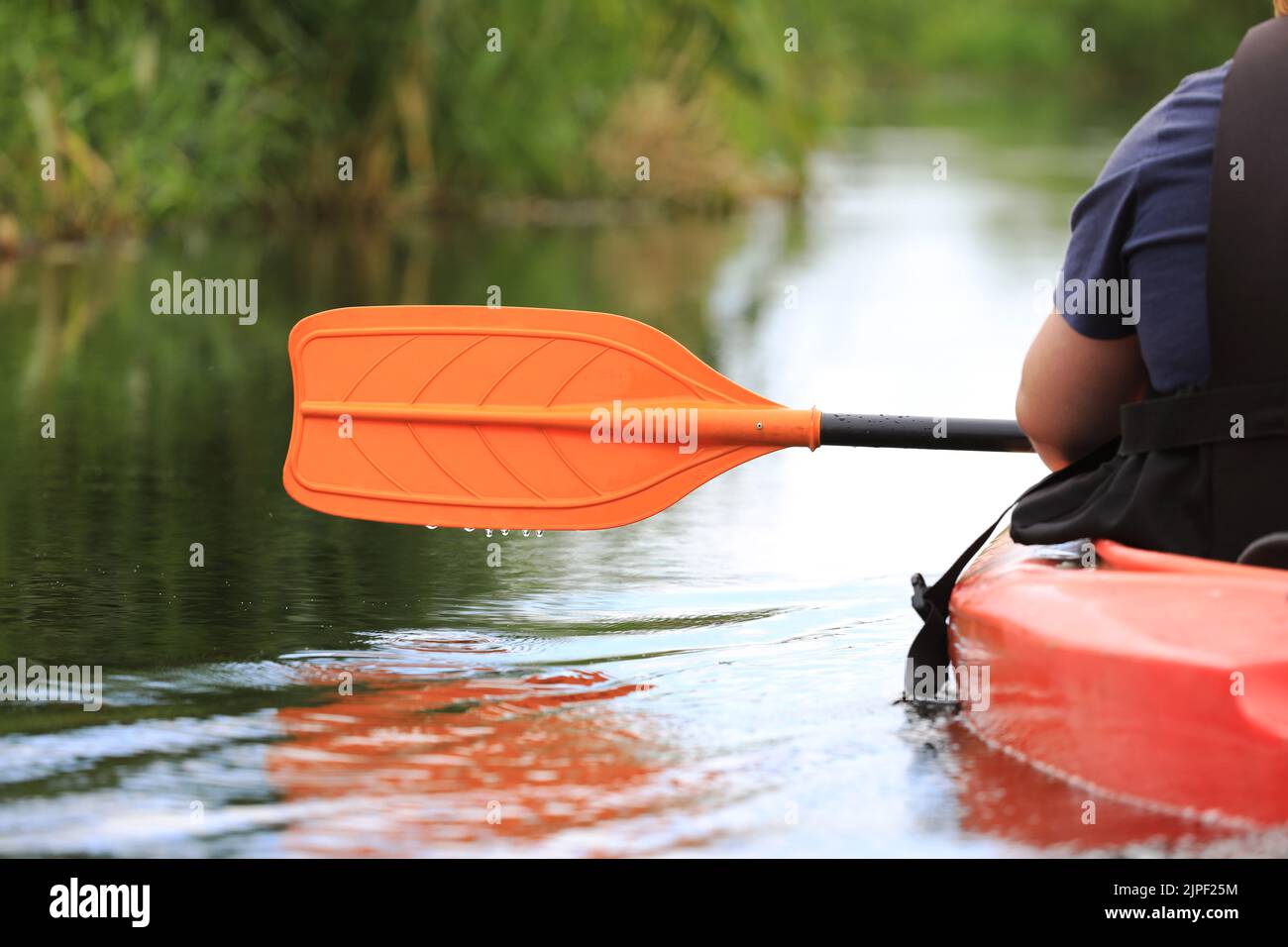 Kayak oar above water surface close-up. River kayaking in summer day concept. Active vacations. Stock Photo