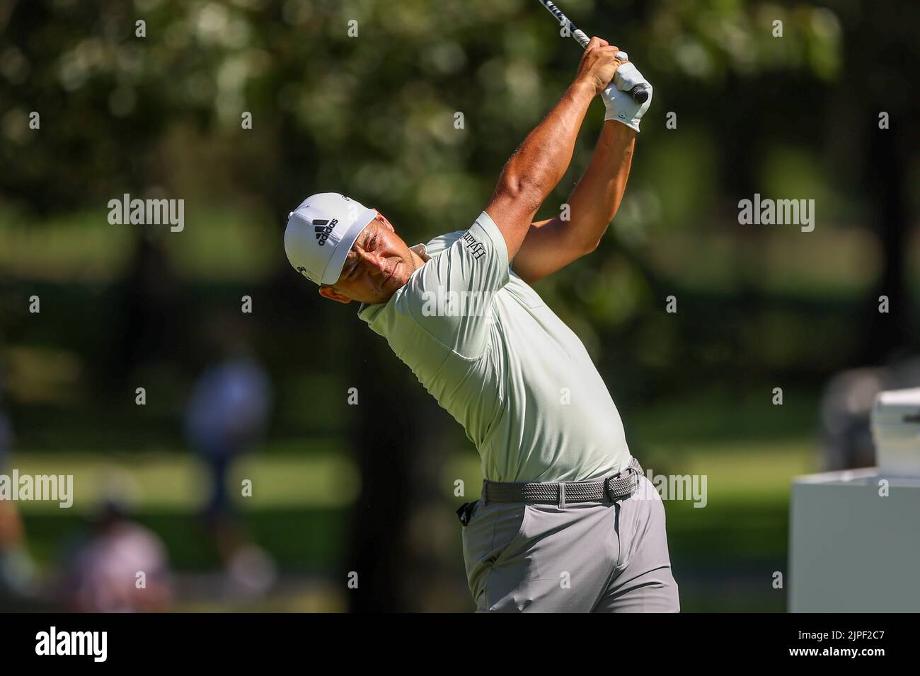 August 13, 2022: Xander Schauffele tees off during the third round of the FedEx St. Jude Championship golf tournament at TPC Southwind in Memphis, TN. Gray Siegel/Cal Sport Media/Sipa USA(Credit Image: © Gray Siegel/Cal Sport Media/Sipa USA) Stock Photo