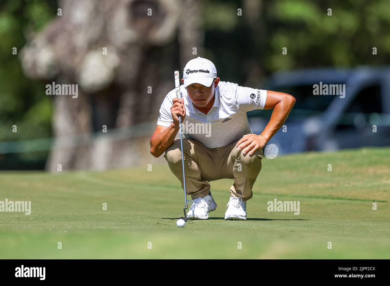 August 13, 2022: Collin Morikawa sizes up his putt during the third round of the FedEx St. Jude Championship golf tournament at TPC Southwind in Memphis, TN. Gray Siegel/Cal Sport Media/Sipa USA(Credit Image: © Gray Siegel/Cal Sport Media/Sipa USA) Stock Photo