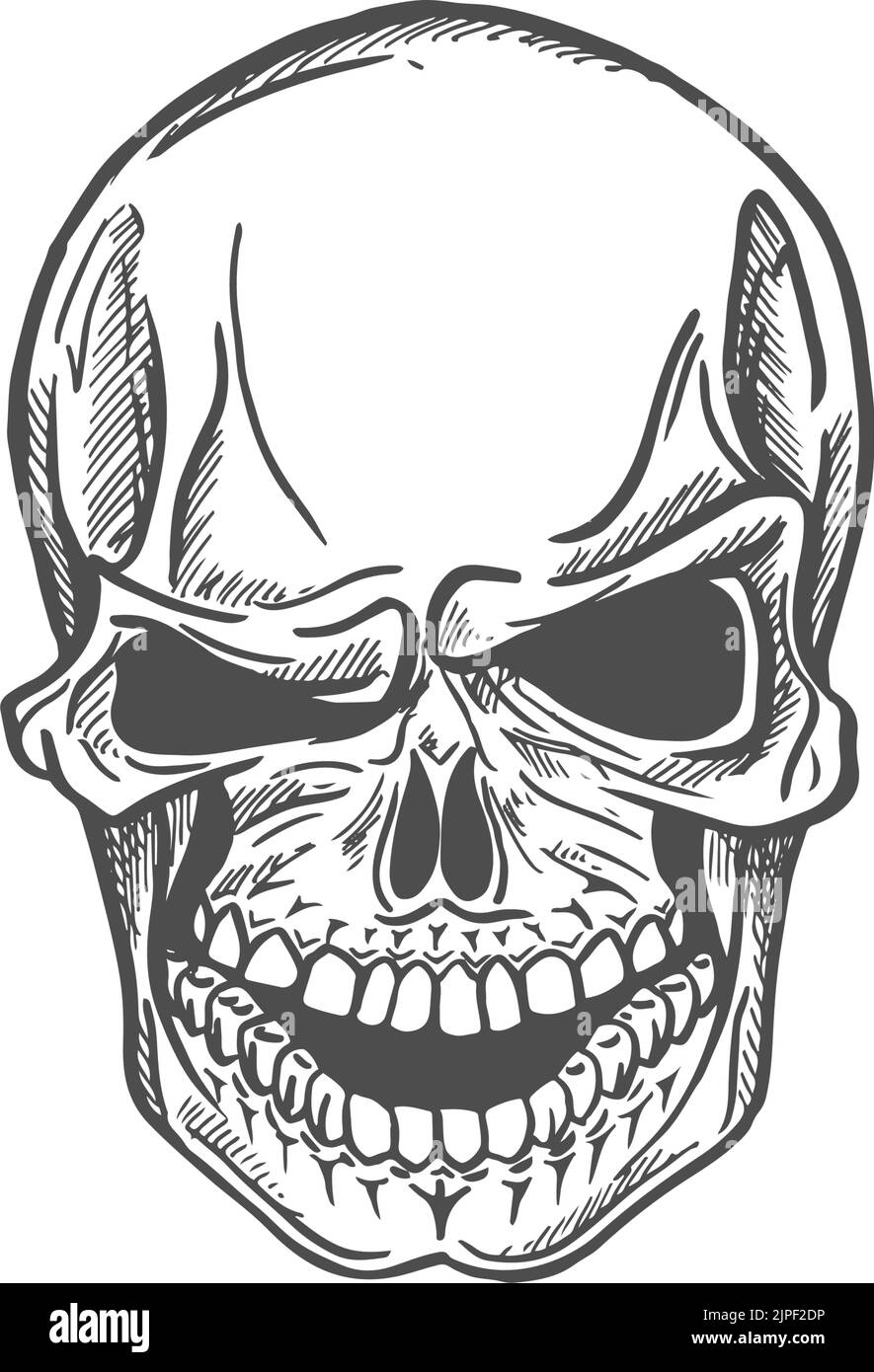 Human smiling skull with winking eye isolated sketch. Vector monochrome