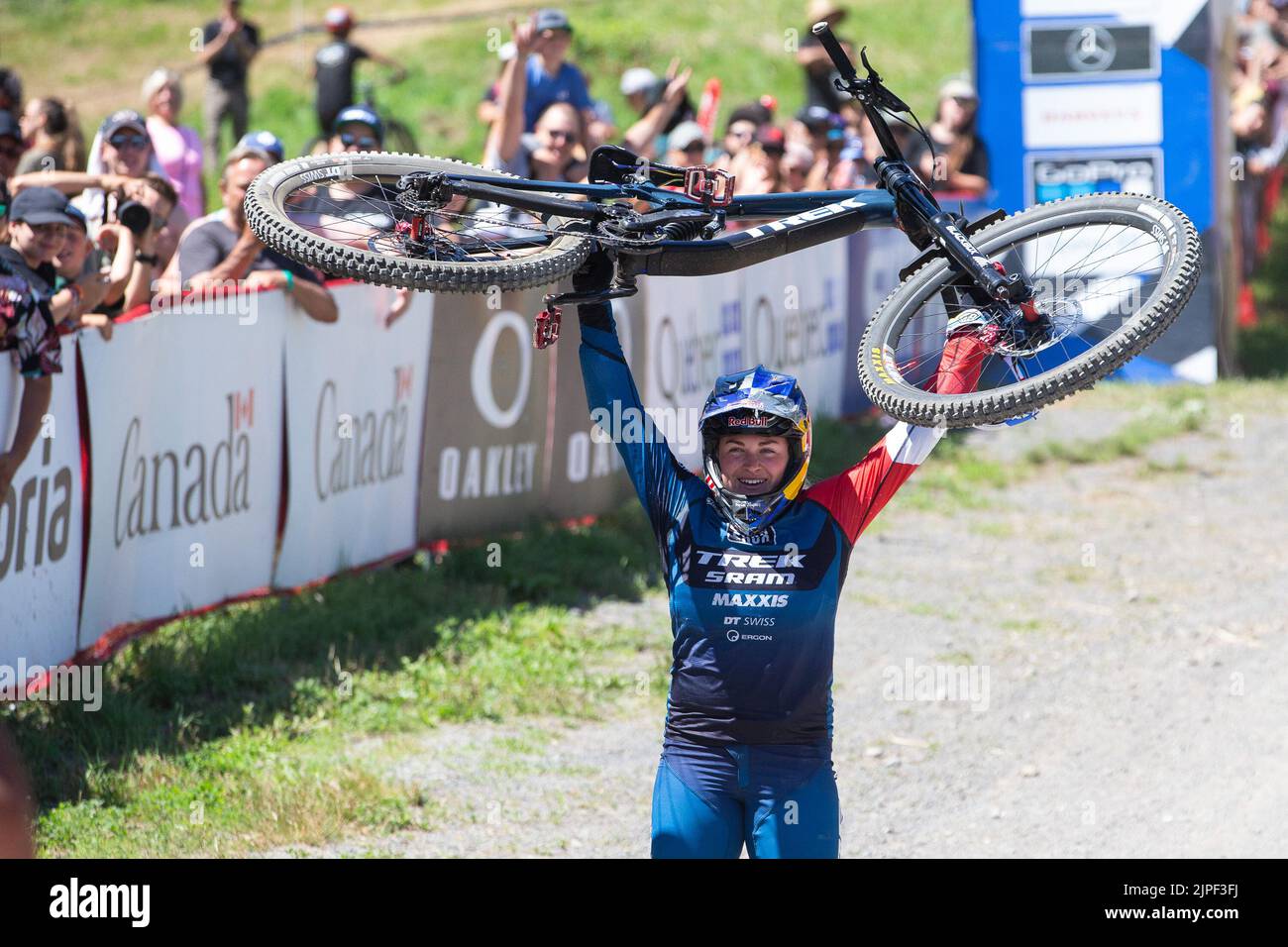 August 06, 2022: Valentina Holl of Austria (3) raises her bike in celebration of winning the WomenÕs Downhill Final during the 2022 Mercedes-Benz UCI Mountain Bike World Cup held at Mont-Sainte-Anne in Beaupre, Quebec, Canada. Daniel Lea/CSM Stock Photo