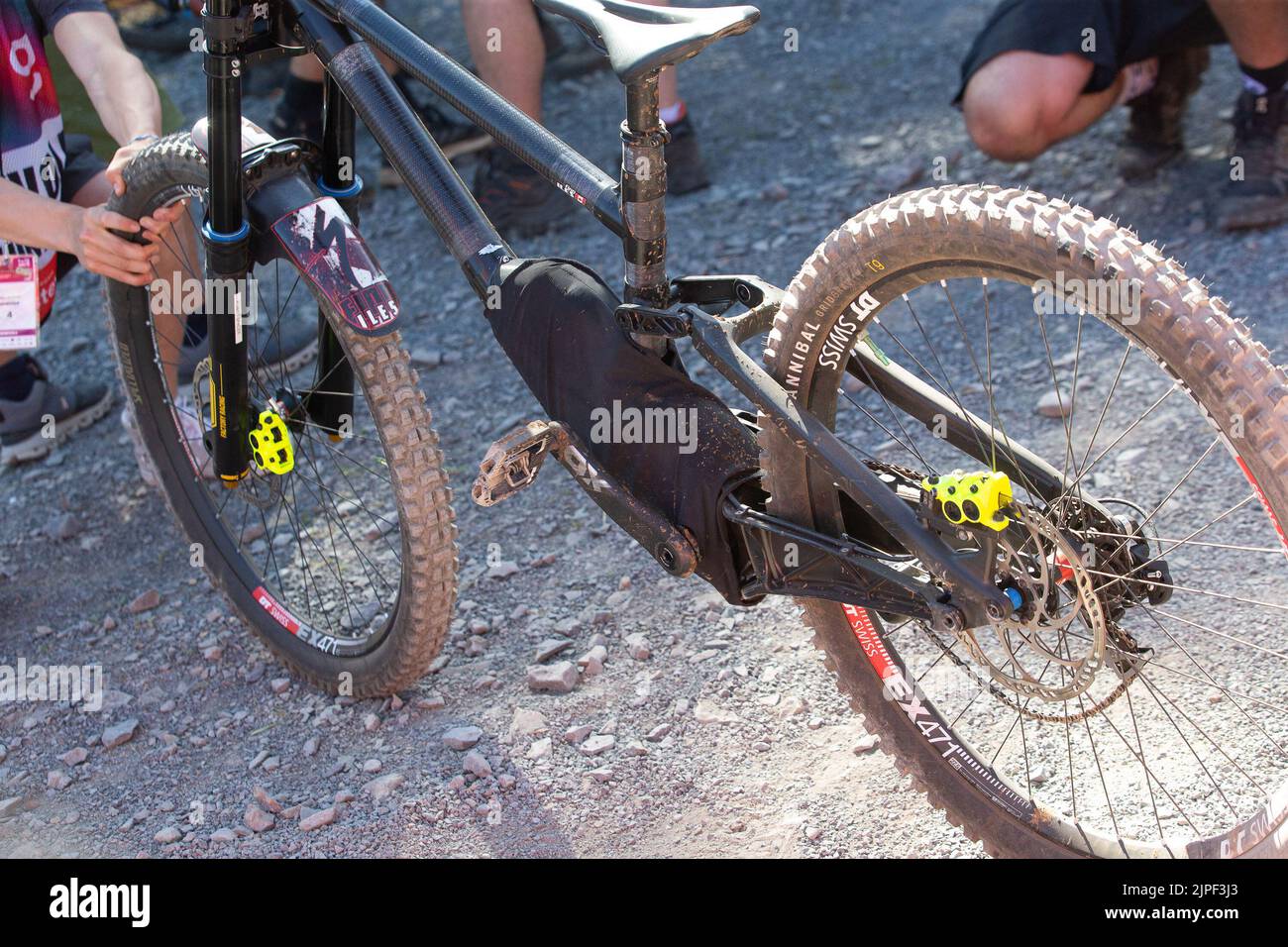 August 06, 2022: Finn IlesÕ (3) bike with a dislodged drive chain after winning the MenÕs Downhill Final during the 2022 Mercedes-Benz UCI Mountain Bike World Cup held at Mont-Sainte-Anne in Beaupre, Quebec, Canada. Daniel Lea/CSM Stock Photo