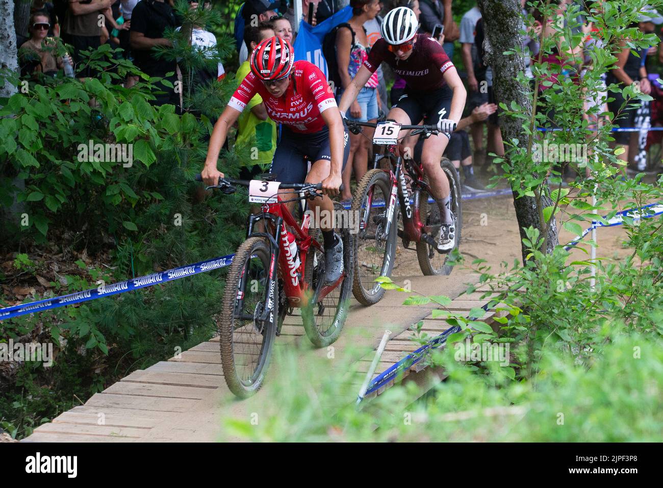 August 07, 2022: Alessandra Keller of Switzerland (3) races in the WomenÕs Cross-Country Olympic race during the 2022 Mercedes-Benz UCI Mountain Bike World Cup held at Mont-Sainte-Anne in Beaupre, Quebec, Canada. Daniel Lea/CSM Stock Photo