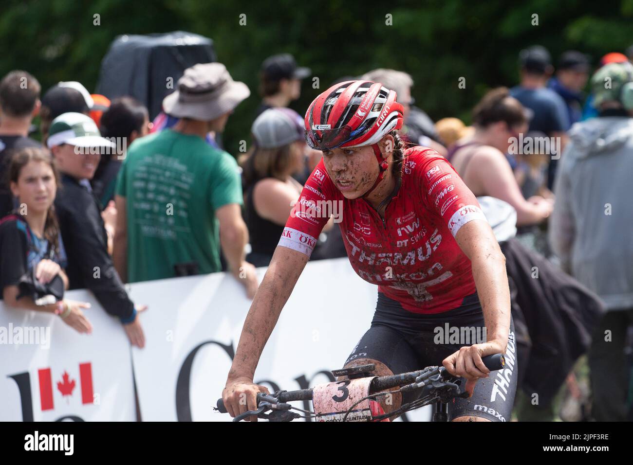 August 07, 2022: Alessandra Keller of Switzerland (3) after finishing in the WomenÕs Cross-Country Olympic race during the 2022 Mercedes-Benz UCI Mountain Bike World Cup held at Mont-Sainte-Anne in Beaupre, Quebec, Canada. Daniel Lea/CSM Stock Photo