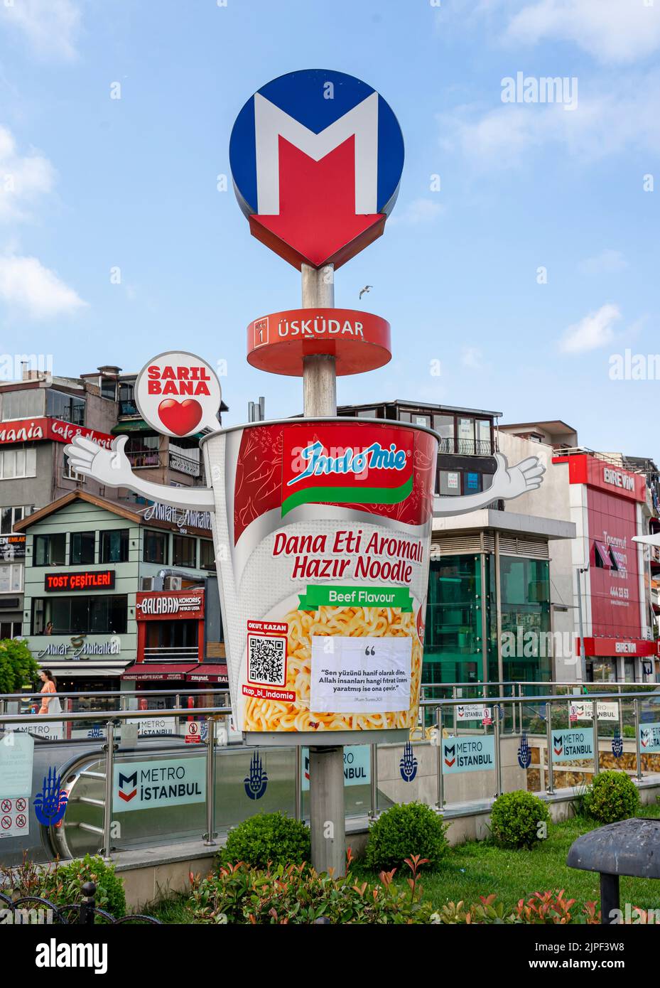 Uskudar metro Station entrance and sign on the pole with Instant noodles pack installation,  Istanbul, Turkey Stock Photo