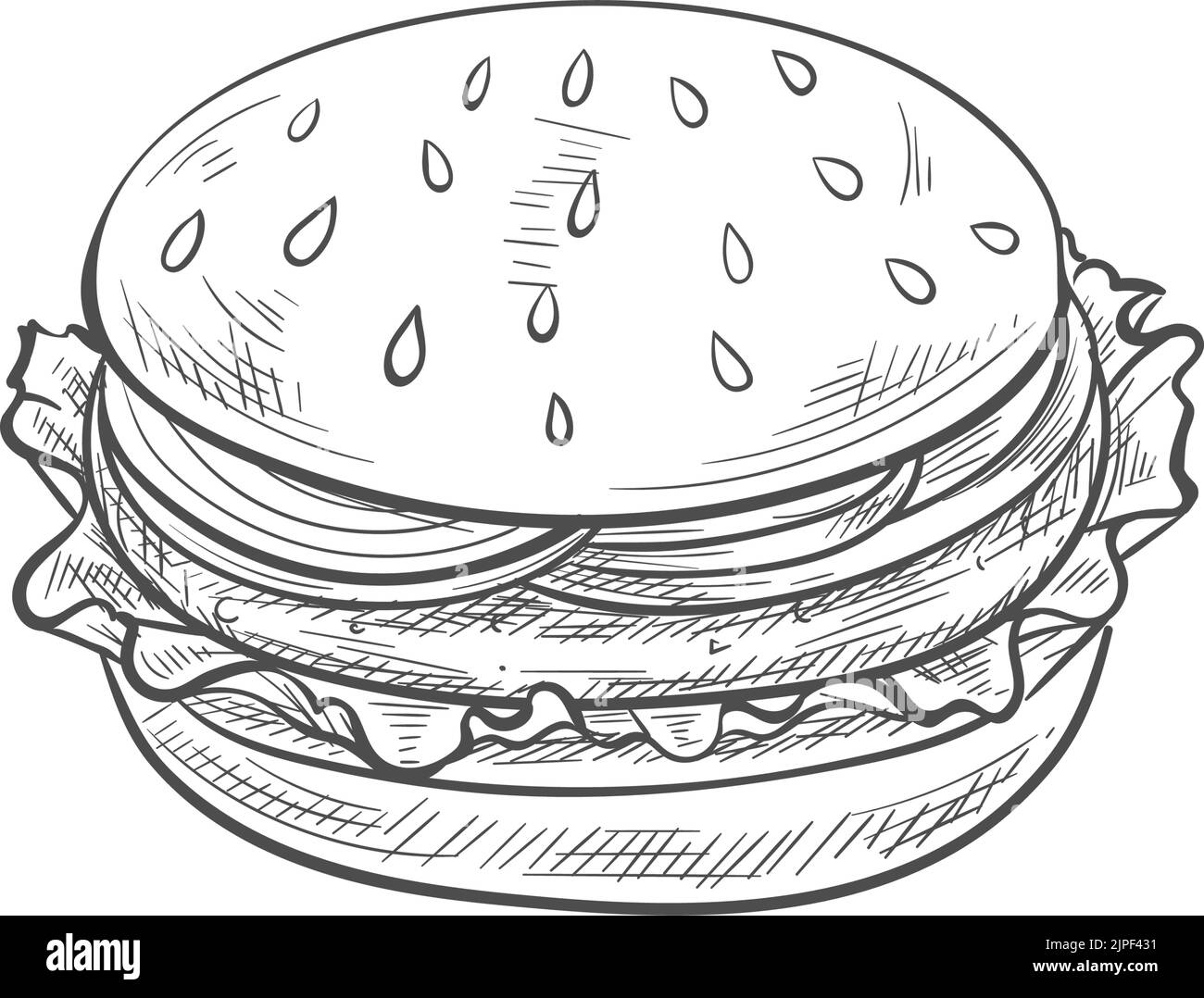 Sandwich burger, bun with cheese, vegetables and meat isolated sketch