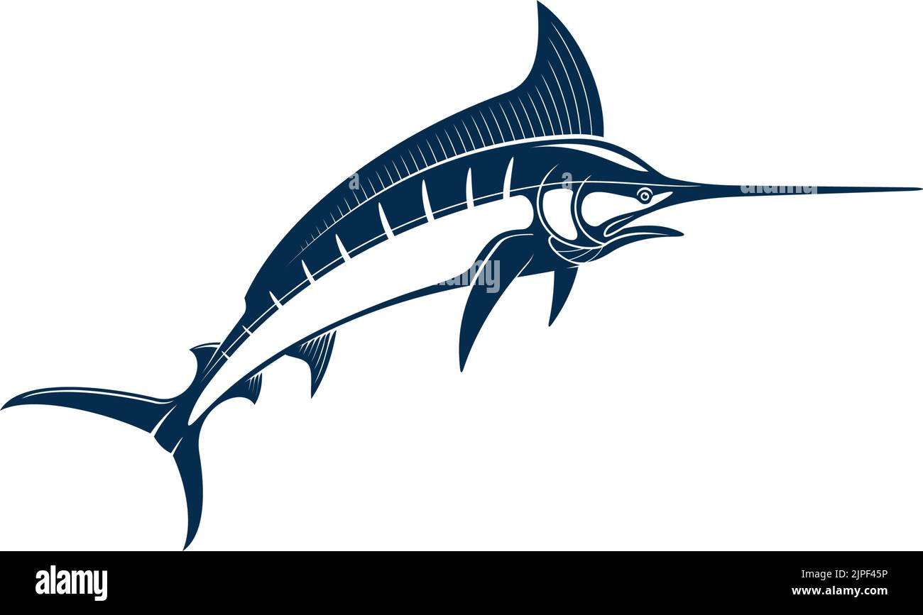 Swordfish blue icon isolated long toms fish. Vector marlin, broadbills saltfish with long