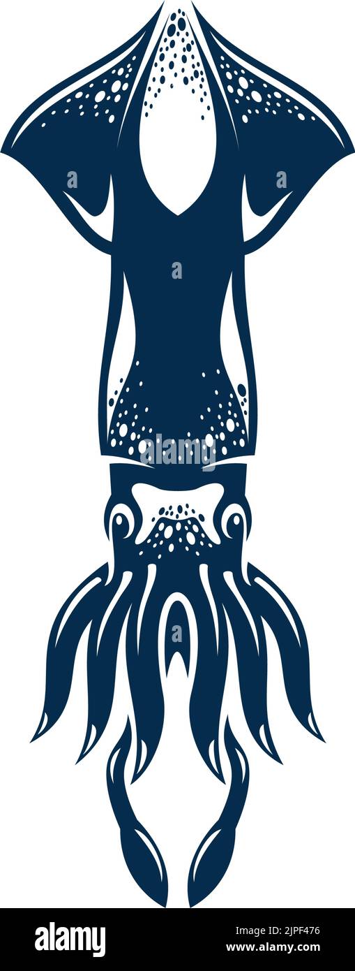 Marine armhooked squid with big eyes isolated underwater animal monochrome icon. Vector aquatic creature with tentacles and suckers, giant mollusk. Raw seafood, wildlife nautical aquatic squid Stock Vector