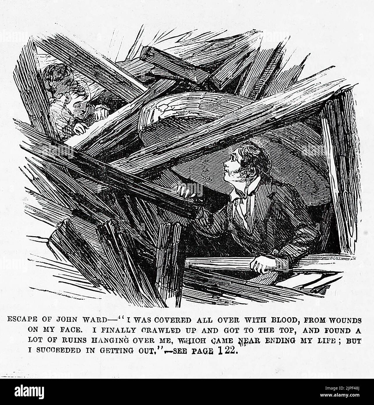 Escape of John Ward. Pemberton Mill factory collapse, January 10th, 1860. 19th century illustration from Frank Leslie's Illustrated Newspaper Stock Photo