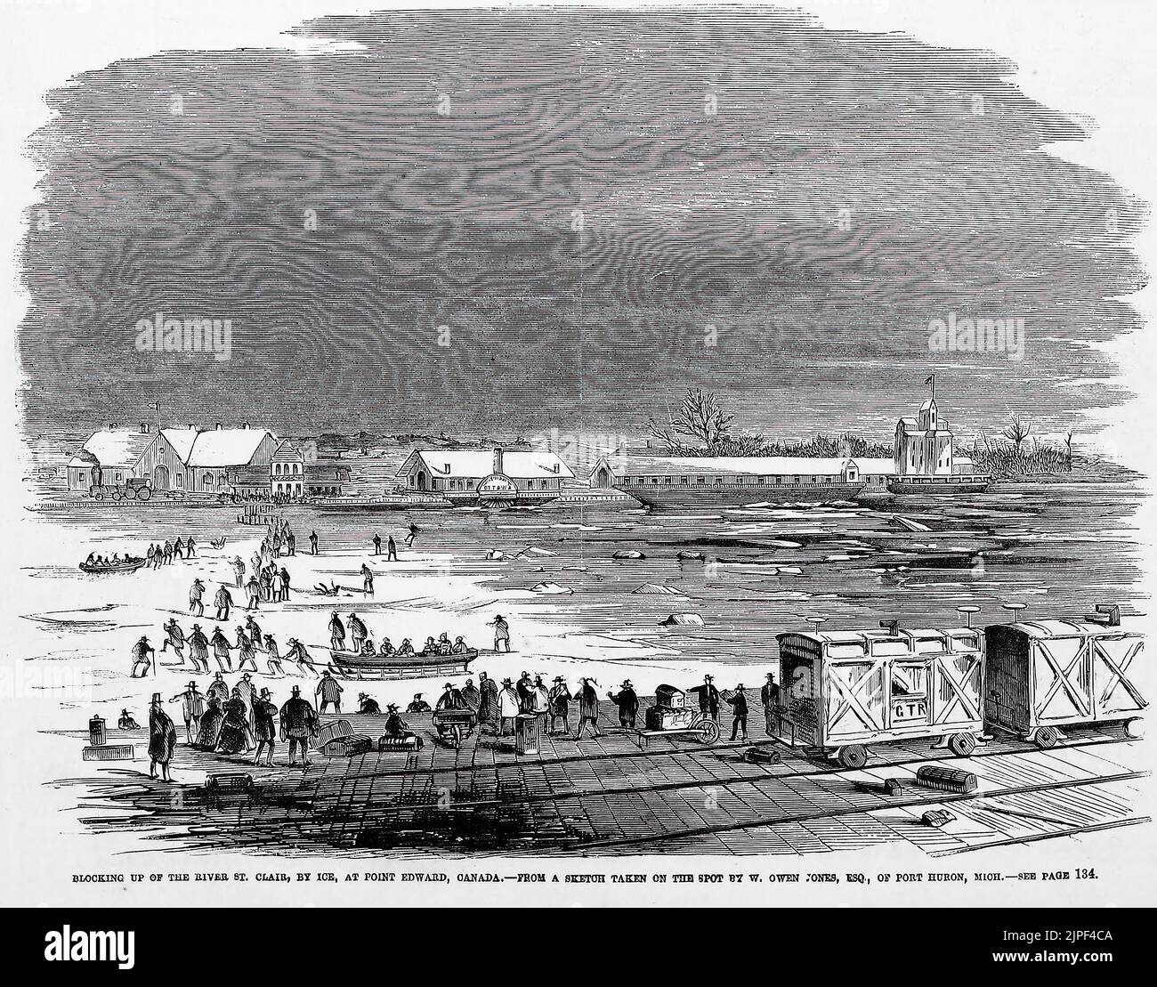 Blocking up of the river St. Clair, by ice, at Point Edward, Canada (1860). 19th century illustration from Frank Leslie's Illustrated Newspaper Stock Photo