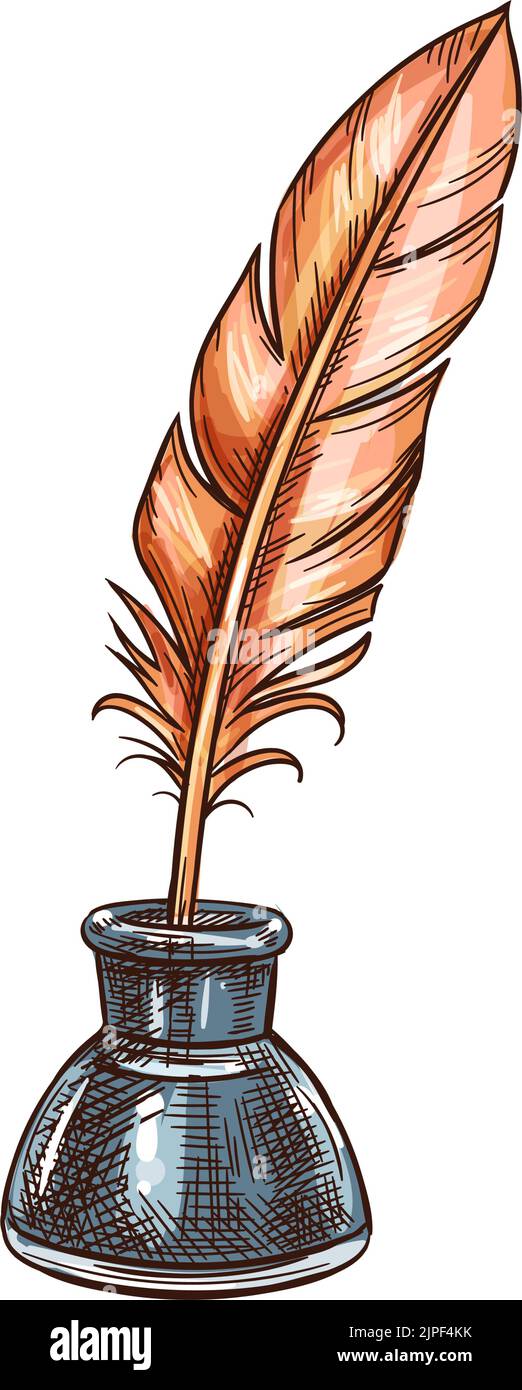 Feather quill and inkwell vector sketch icon. Feather pen and vintage