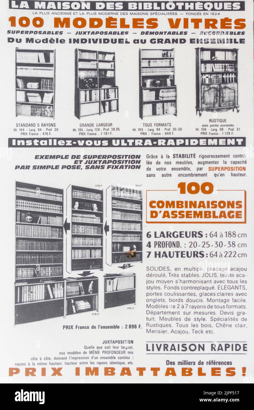La Maison des Bibliothèques - Paper advertisement and description of French book boards - 100 glass models - The house of libraries Stock Photo