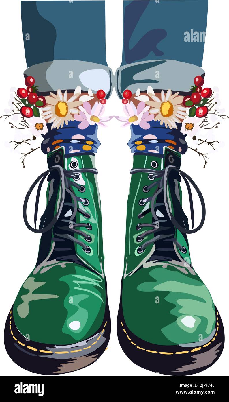 A drawing of legs in flowers, socks, and green boots Stock Vector