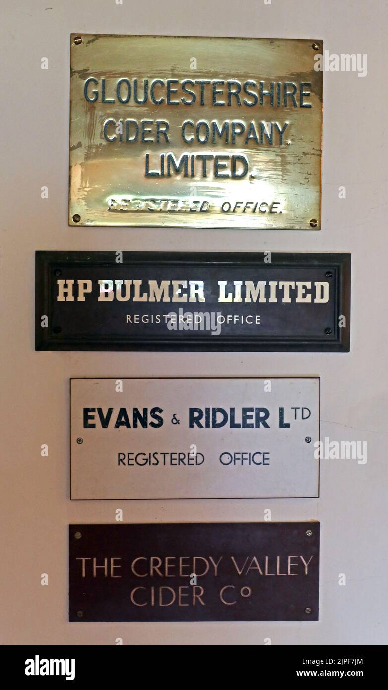 Brass plaques, Gloucestershire Cider Company Limited - registered office - HP Bulmer - Evans & Ridler, The Creedy Valley Cider Co Stock Photo