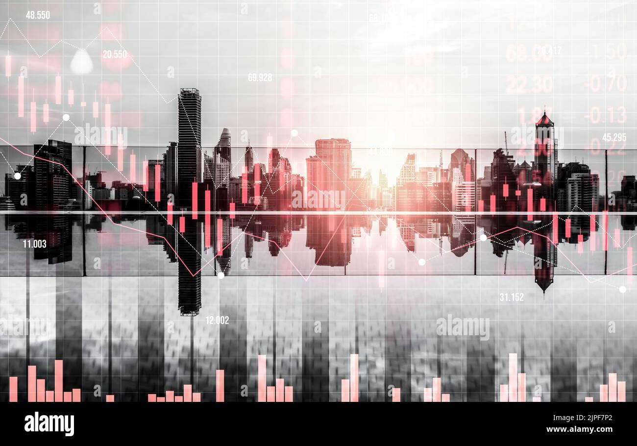 Economic crisis concept shown by digital indicators and graphs falling down with modernistic urban, city area. Double exposure. Stock market crash Stock Photo
