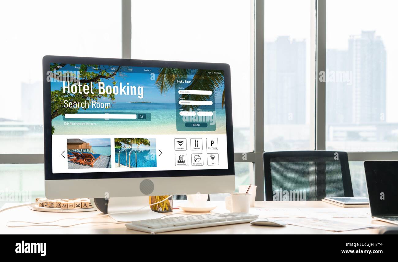 Online hotel accommodation booking website provide modish reservation system . Travel technology concept . Stock Photo