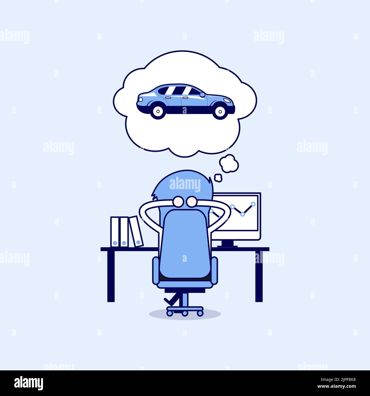 Businessman dreaming about new car. Cartoon character thin line style vector. Stock Vector