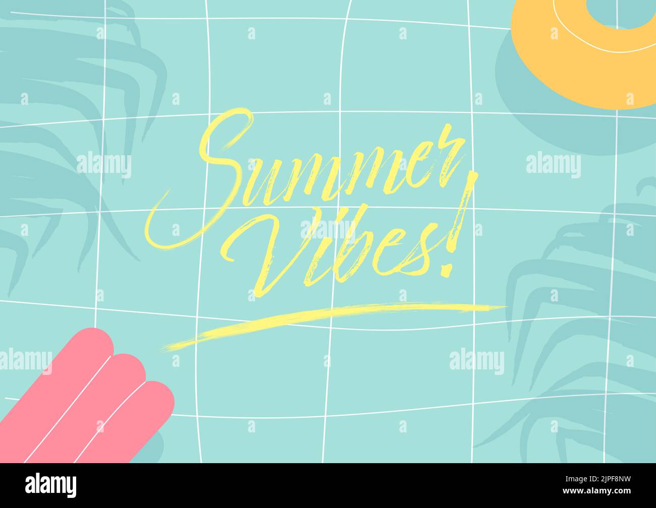 Summer Vibes. Calligraphic inspirational quote poster on tropical summer swimming pool background. Stock Vector