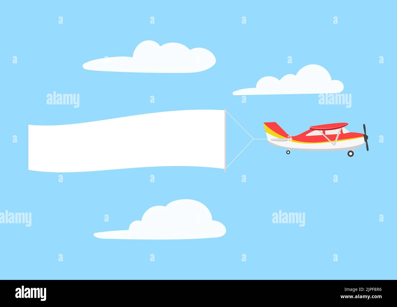 Retro aircraft with ribbon banner advertising, in the sky above the clouds. Stock Vector