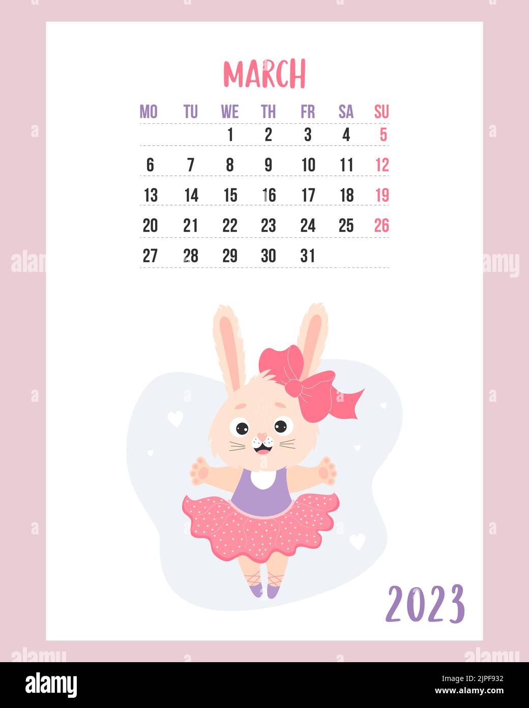 March 2023 calendar. Cute bunny girl ballerina in dress on pointe shoes ...
