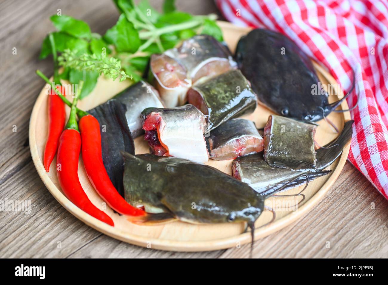 catfish fillet on wooden plate, fresh raw catfish menu freshwater fish, catfish for cooking food