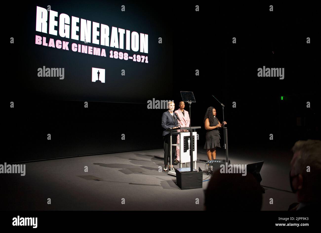 Co-curators Doris Berger and Rhea Combs addressing the press at the opening of the exhibition 'Regeneration: Black Cinema, 1898-1971', Academy Museum. Stock Photo