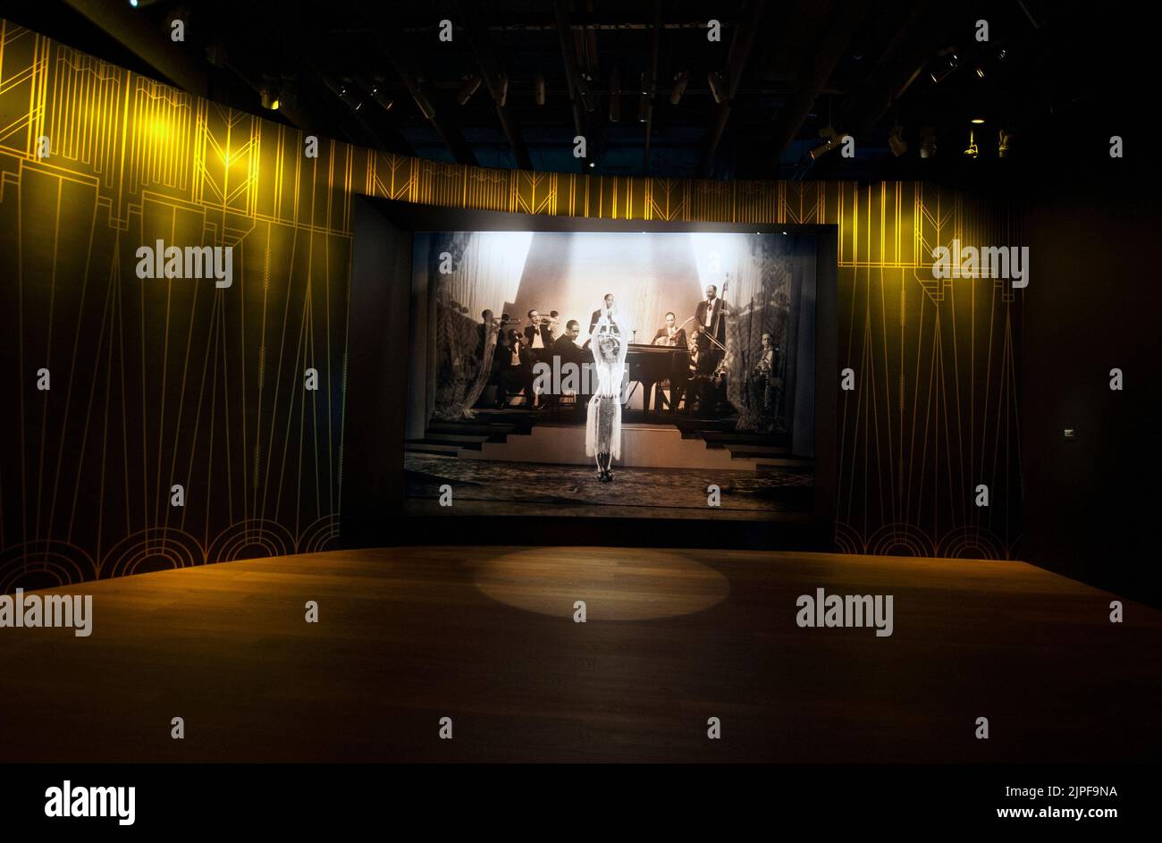 Screen featuring a scene from a movie with Duke Ellington on display in the exhibtion 'Regeneration: Black Cinema' at the Academy Museum of Motion Pic Stock Photo