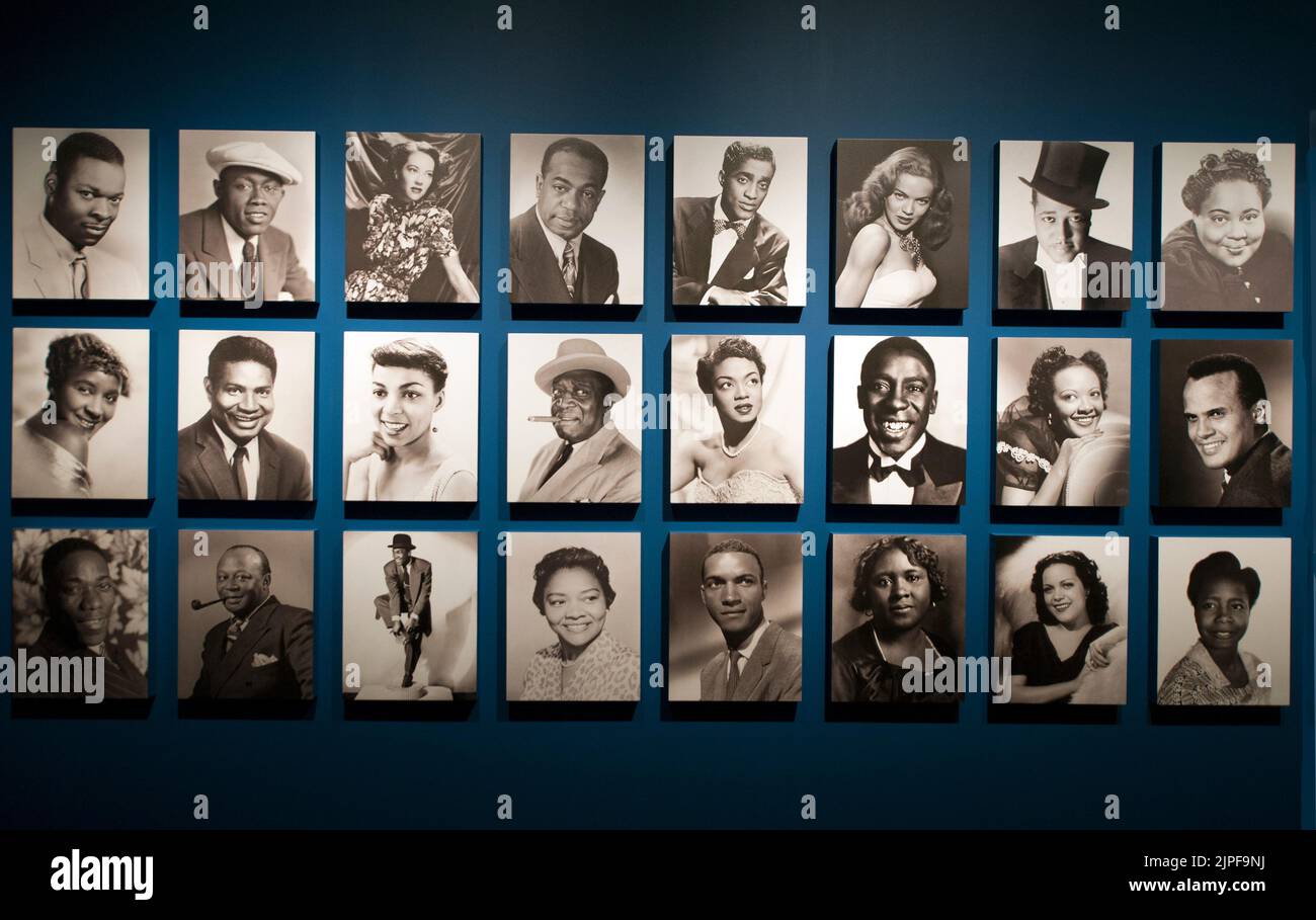 Display featuring actors headshots in the exhibtion 'Regeneration: Black Cinema' at the Academy Museum of Motion Pictures in Los Angeles, California Stock Photo