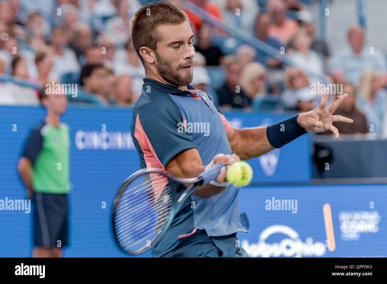 Mason, Ohio, USA. 17th Aug, 2022. Boma Coric (Cro) hits a forehand shot during the second round of the Western and Southern Open at the Lindner Family Tennis Center, Mason, Oh. (Credit Image: © Scott Stuart/ZUMA Press Wire) Stock Photo