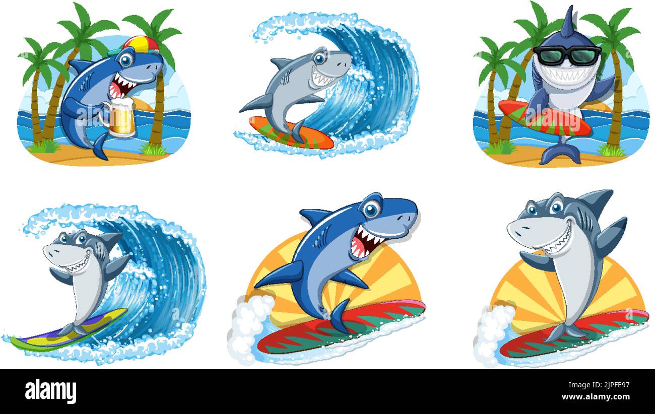 Different sharks in summer beach illustration Stock Vector Image &amp; Art ...