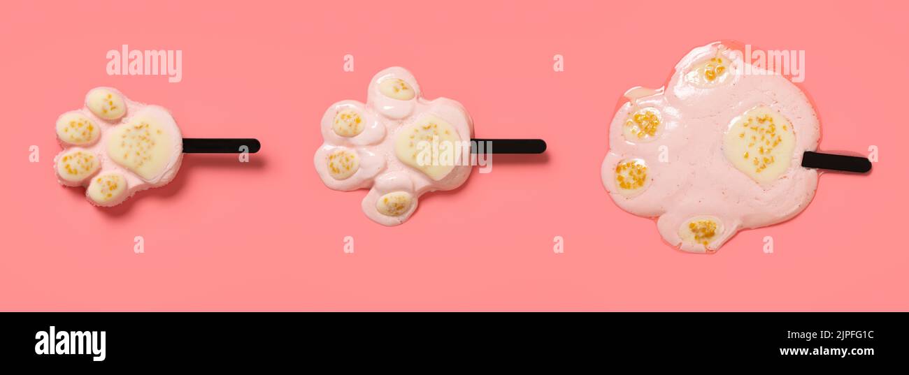 top view pink color bears paw shape popsicle melting process on pink background Stock Photo