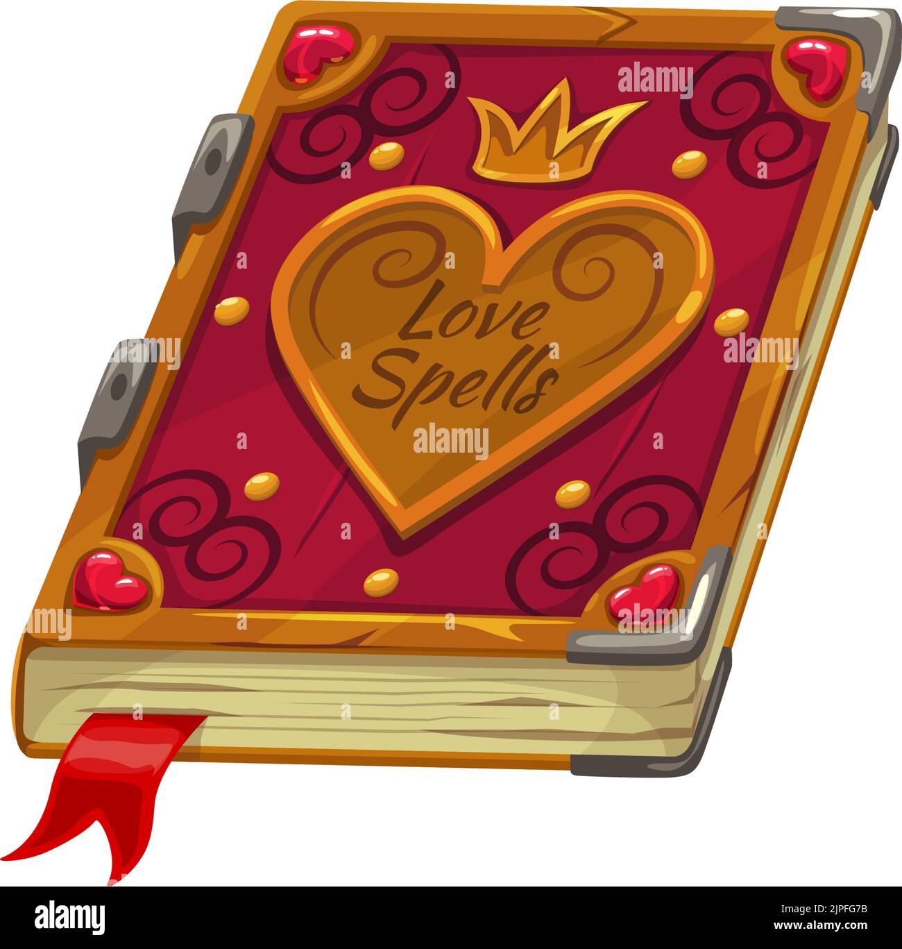 Love diary book, Valentine day and wedding RSVP party symbol. Vector isolated love spells book with heart, golden crown and bookmark Stock Vector