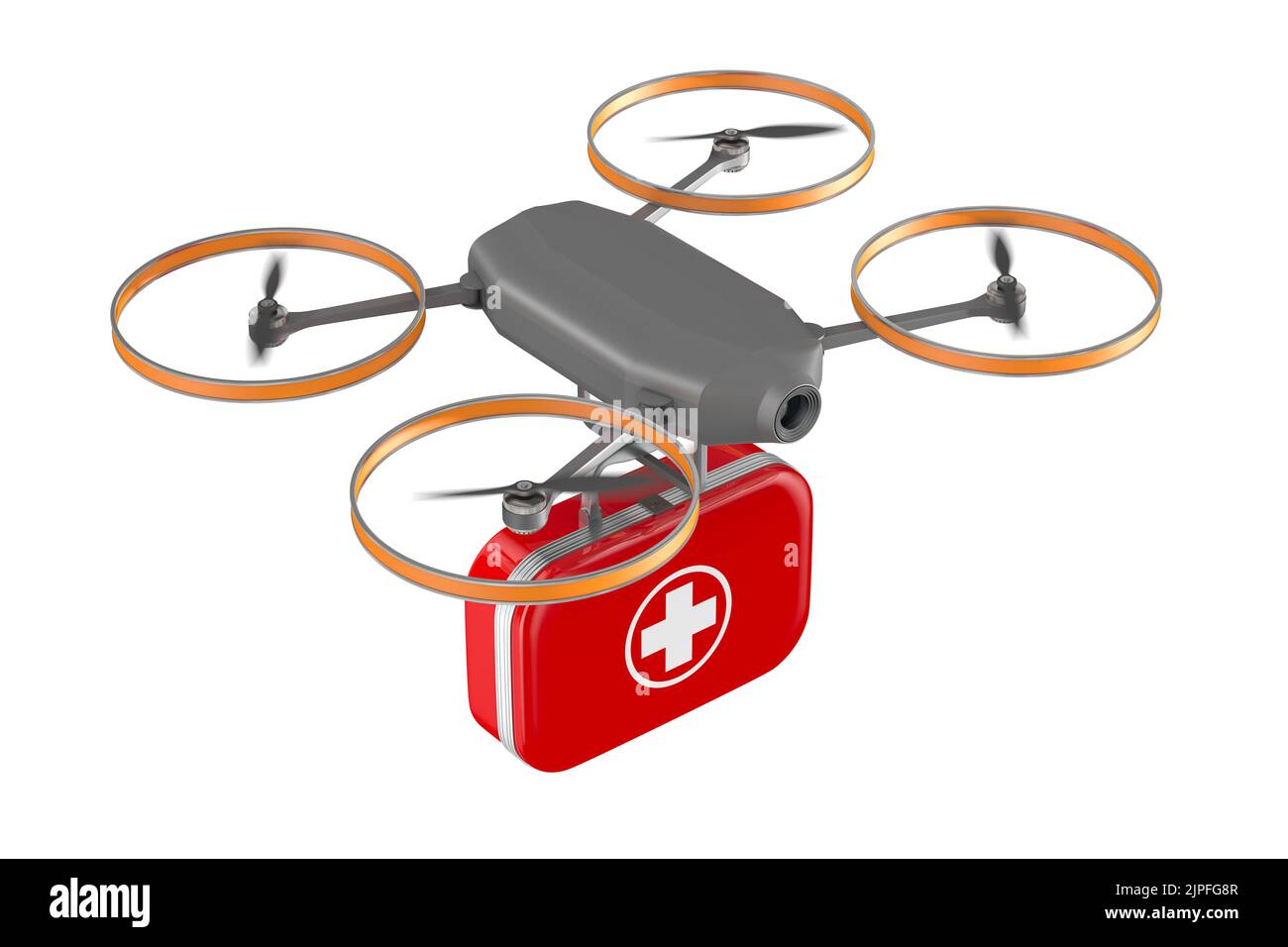 Drone with first aid kit on white background. Isolated 3d illustration