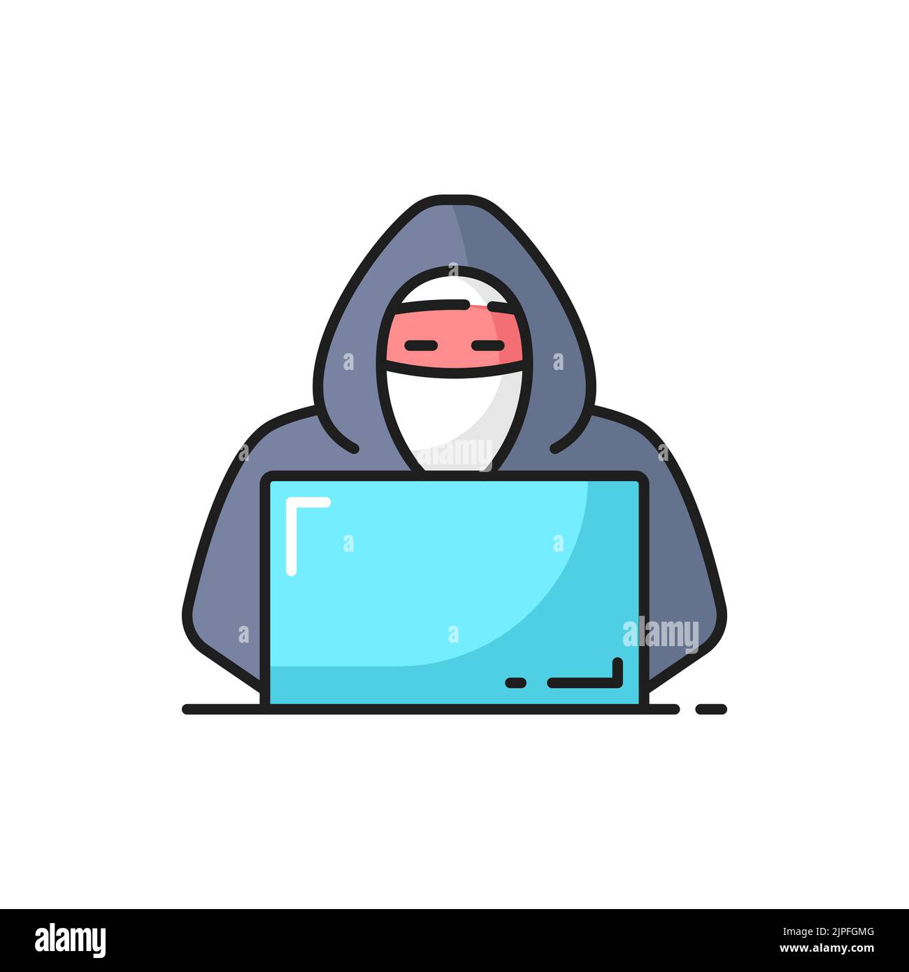 Hacker in mask typing on laptop outline icon. Internet security and protection, online fraud, data theft and web crime and information safety thin line vector symbol, minimalistic pictogram Stock Vector
