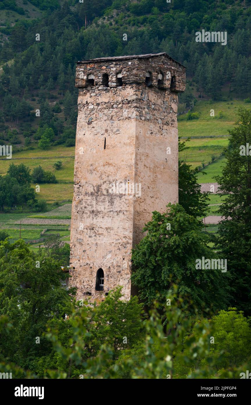 Stone towers in and around Mestia in the Svaneti region of the Georgian Caucasus Stock Photo
