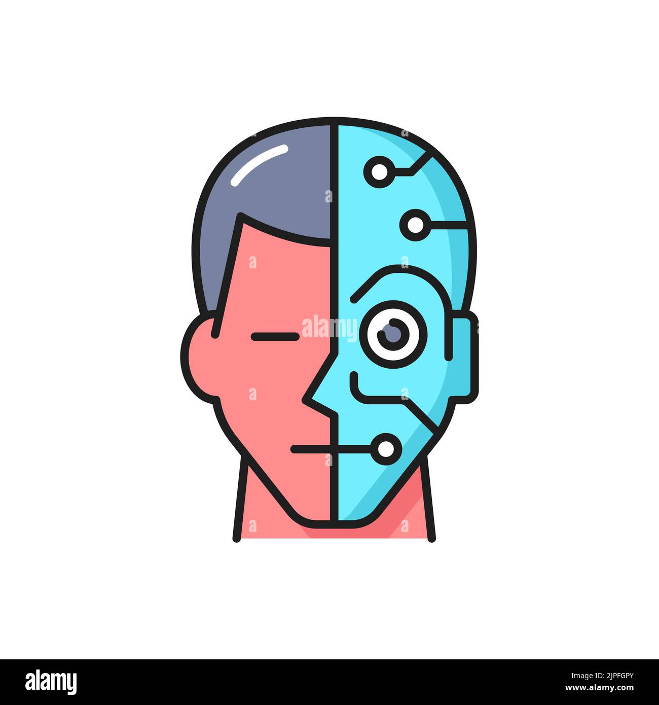 Artificial intelligence, robotic technology outline icon with human and cyborg face. Intelligent machine, humanoid robots and AI innovation thin line vector symbol or icon Stock Vector