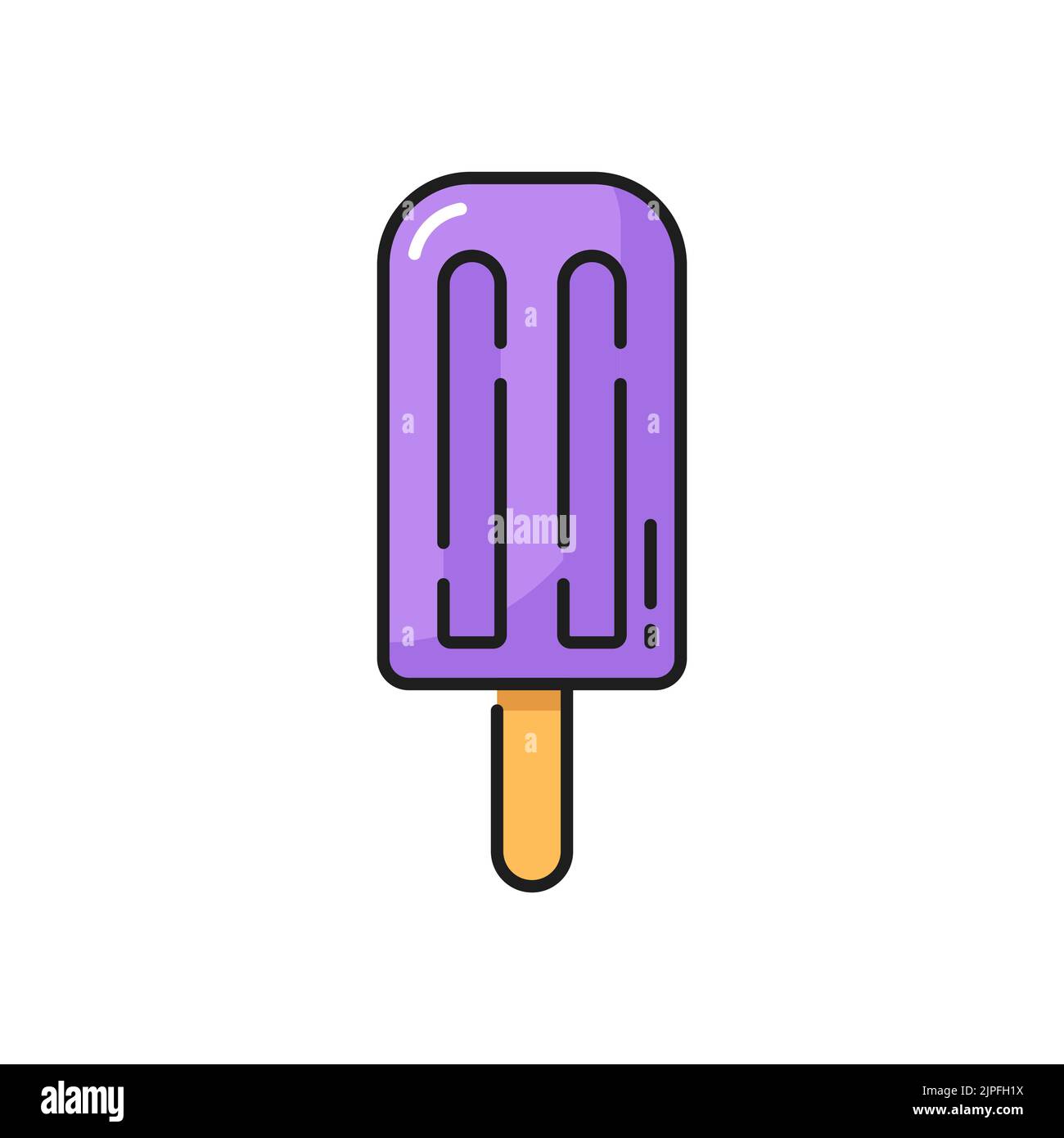 Ice cream coated by purple violet glaze isolated popsicle color line icon. Vector ice-cream covered frozen plum juice, yummy refreshing dessert. Takeaway fastfood snack, icecream on stick summer food Stock Vector
