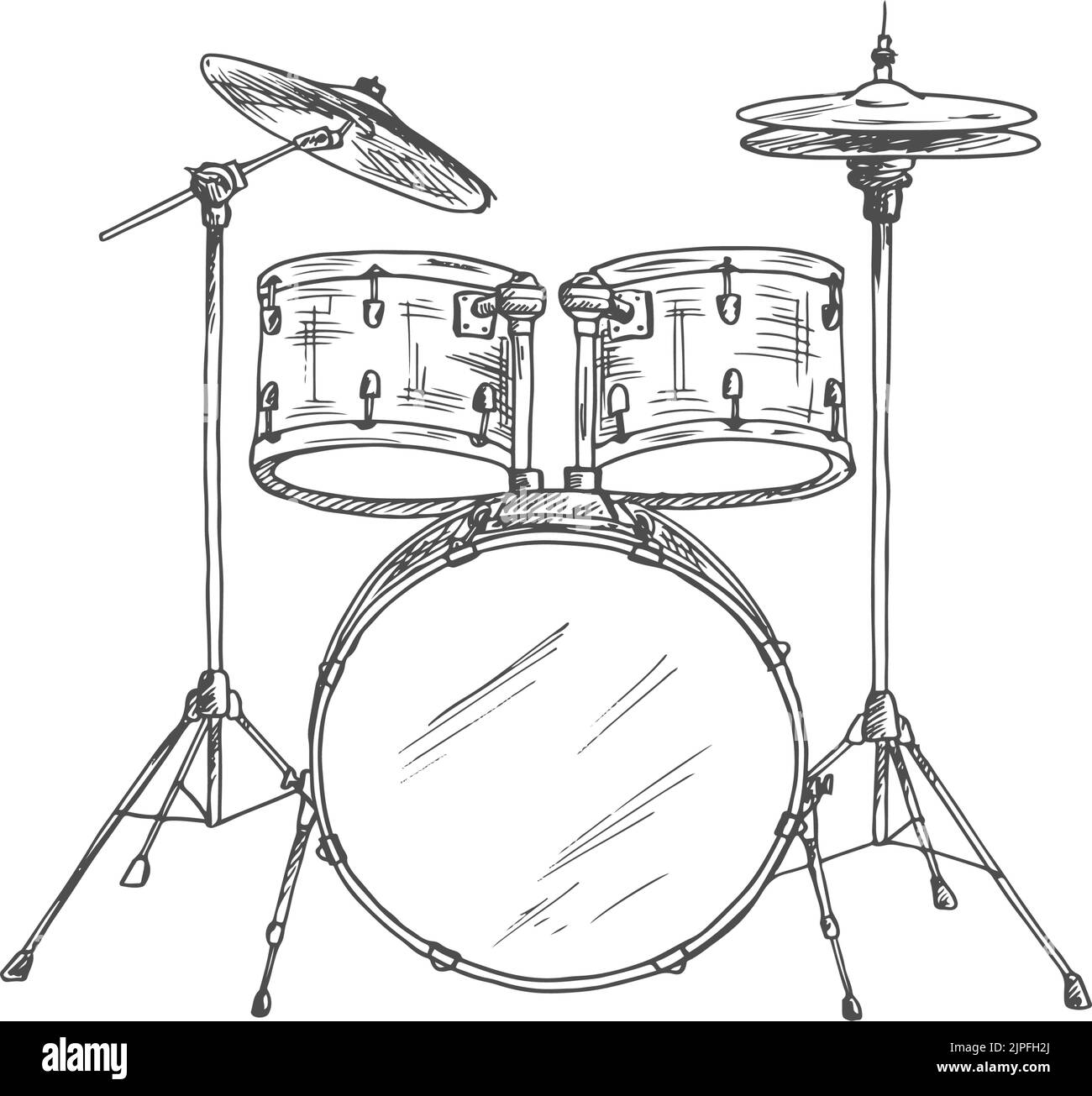 Drum set isolated musical instrument sketch. Vector trap and kit, cymbals and bass, drumming