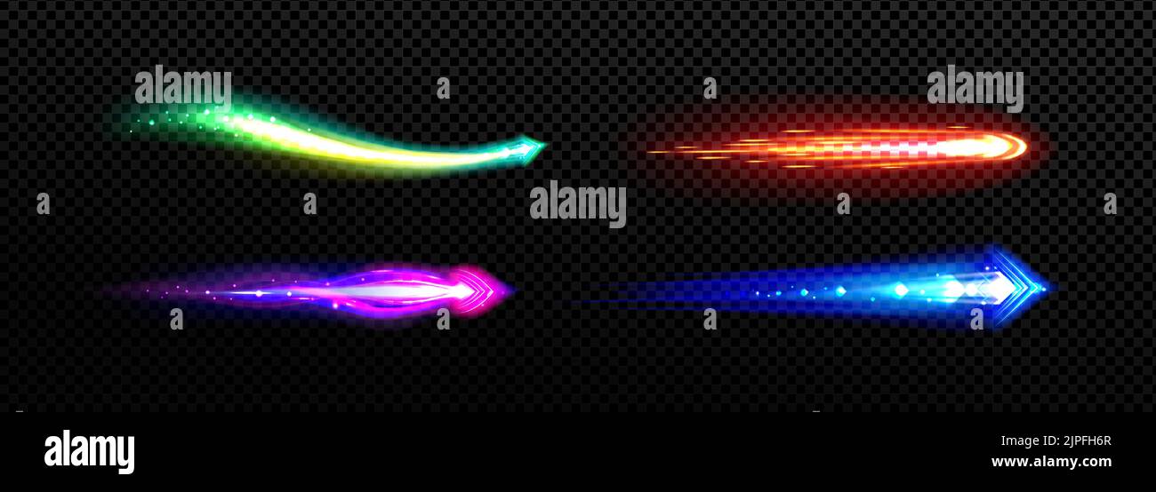 Vfx effect of meteorite, star flames or missile blast trails. Green, red, pink and blue light or fire of rocket, comet, magic weapon rays isolated on transparent background, Realistic 3d vector set Stock Vector