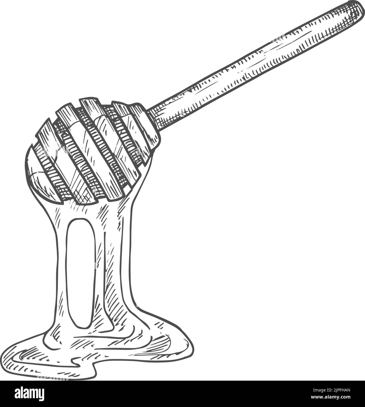 Sweet honey dipping isolated sketch. Vector dipper wooden spoon food utensil to dip honey Stock