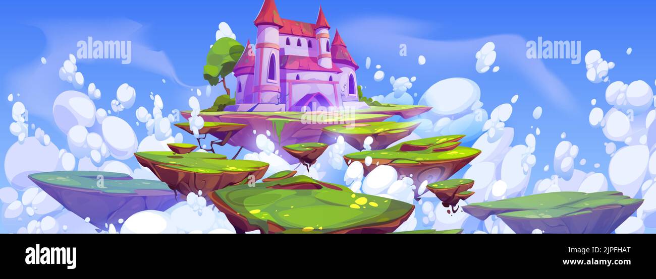 Pink magic castle on floating island in blue sky with fluffy clouds ...