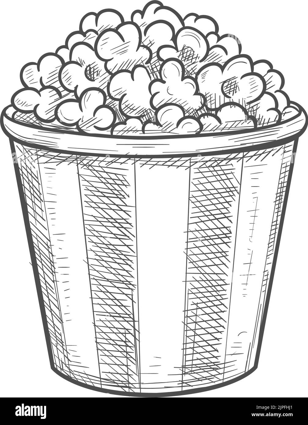 Popcorn in striped bucket isolated movie food. Vector fastfood snack
