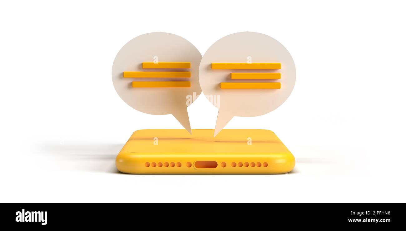 Yellow Smart mobile phone with online dialog speech bubbles over device, 3D render flat lay. Chatting conversation balloon template. White background Stock Photo