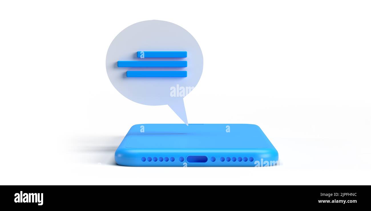 Lying blue Smart mobile phone with online dialog speech bubbles coming off device screen, 3D rendered flat lay. Chat conversation balloon template. Stock Photo