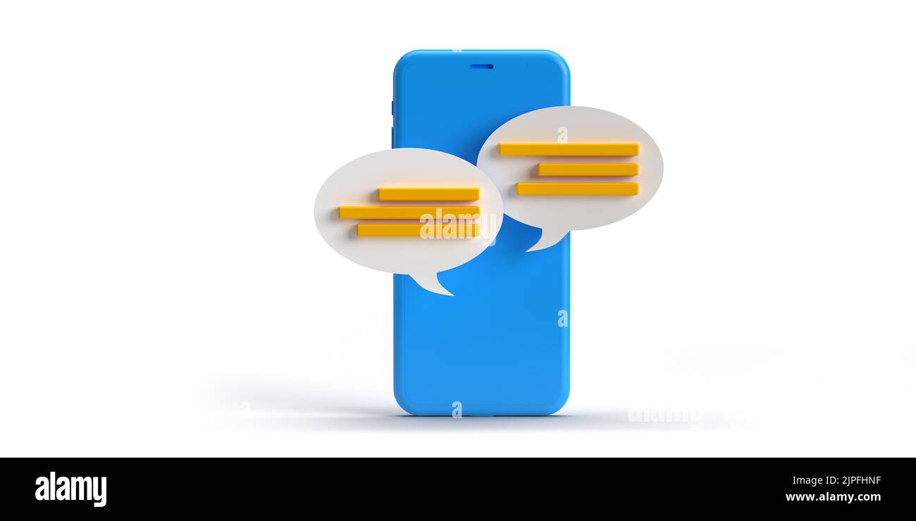 Vertical blue Smart mobile phone with online dialog speech bubbles coming off device screen, 3D