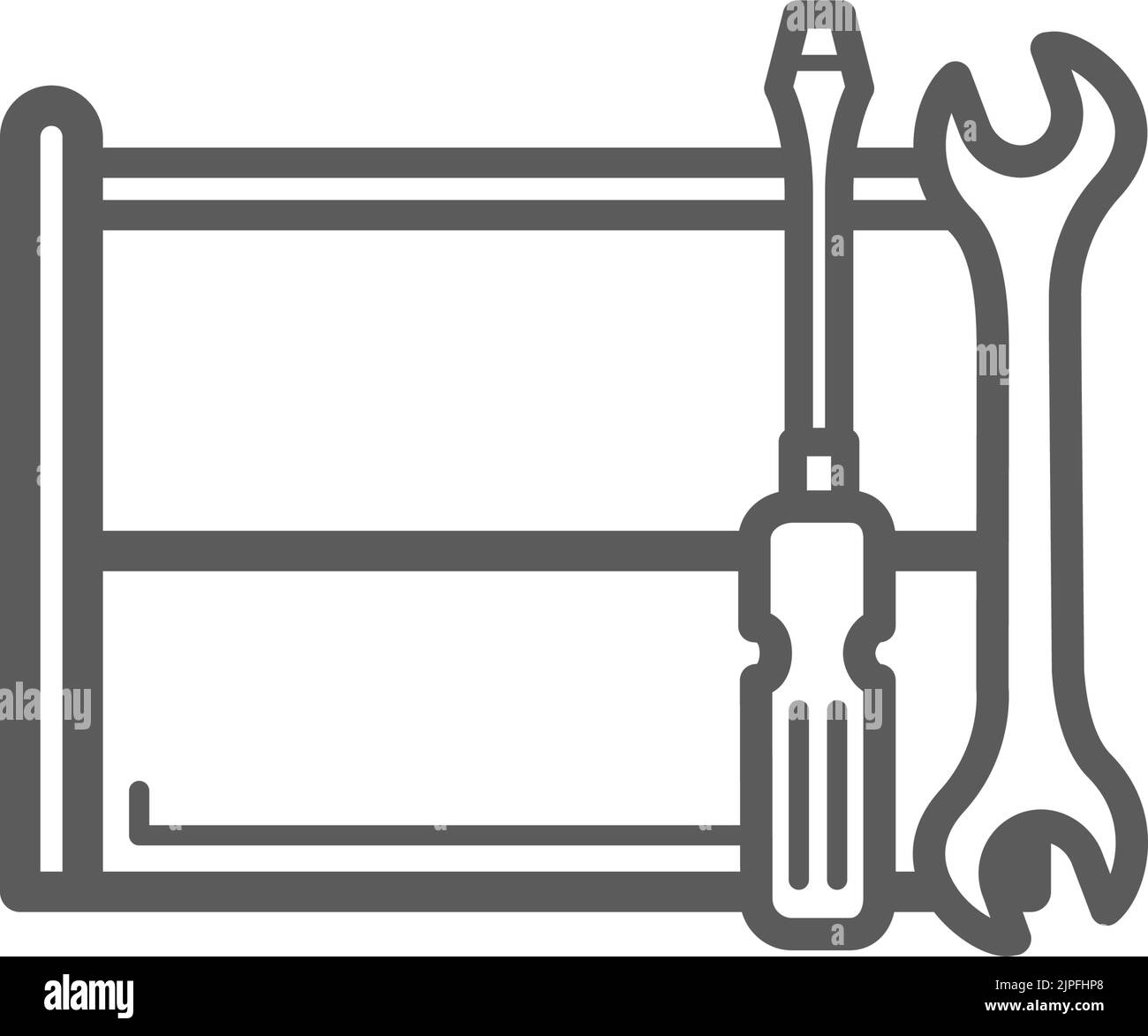 Tool rack with wrench and spanner isolated outline icon. Vector repair, fixing and maintenance instruments, linear building tools. Screwdriver and manual wrench, toolkit instruments Stock Vector