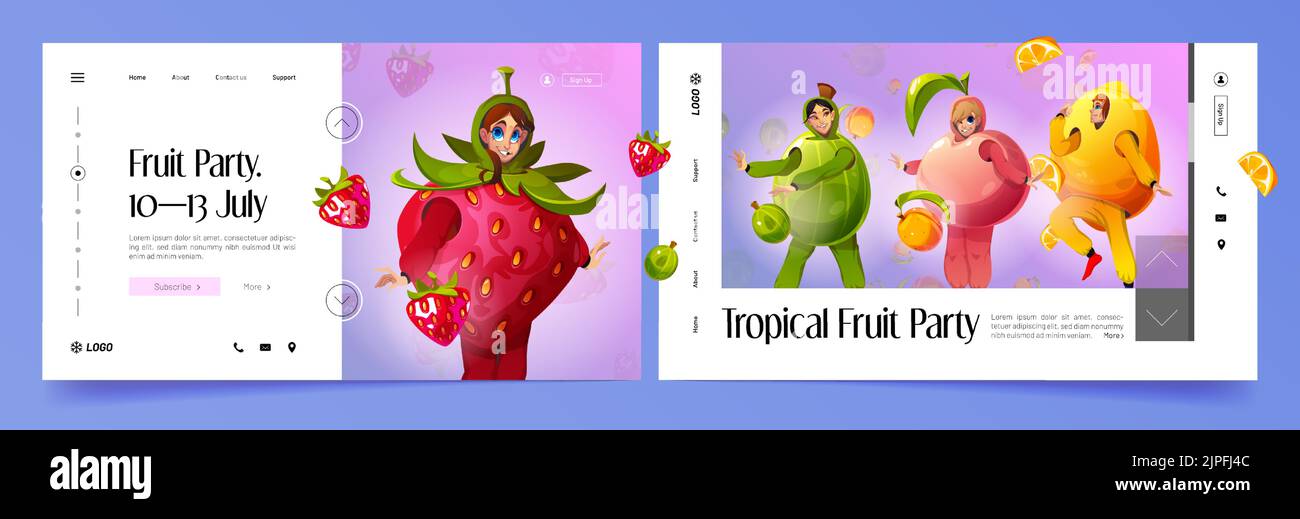 Tropical fruit party cartoon landing pages. Invitation for event with funny people wear costumes of strawberry, gooseberry, peach and lemon dance and having fun. Club or cafe promo Vector web banners Stock Vector